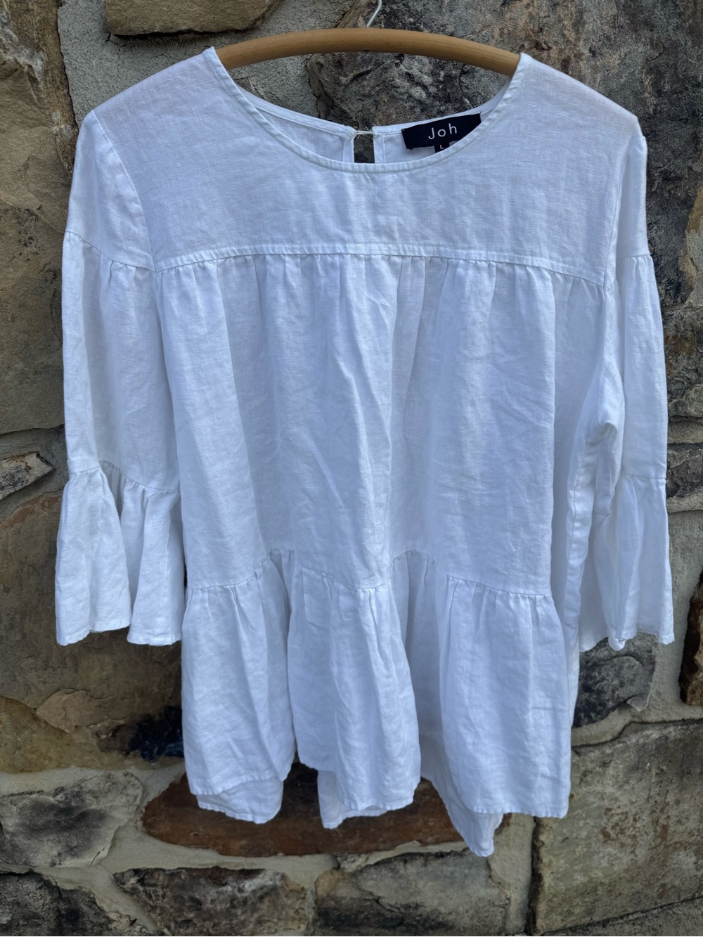 Coastal White 100% Linen Tiered Peasant Tunic Swim Cover-Up Large Beach
